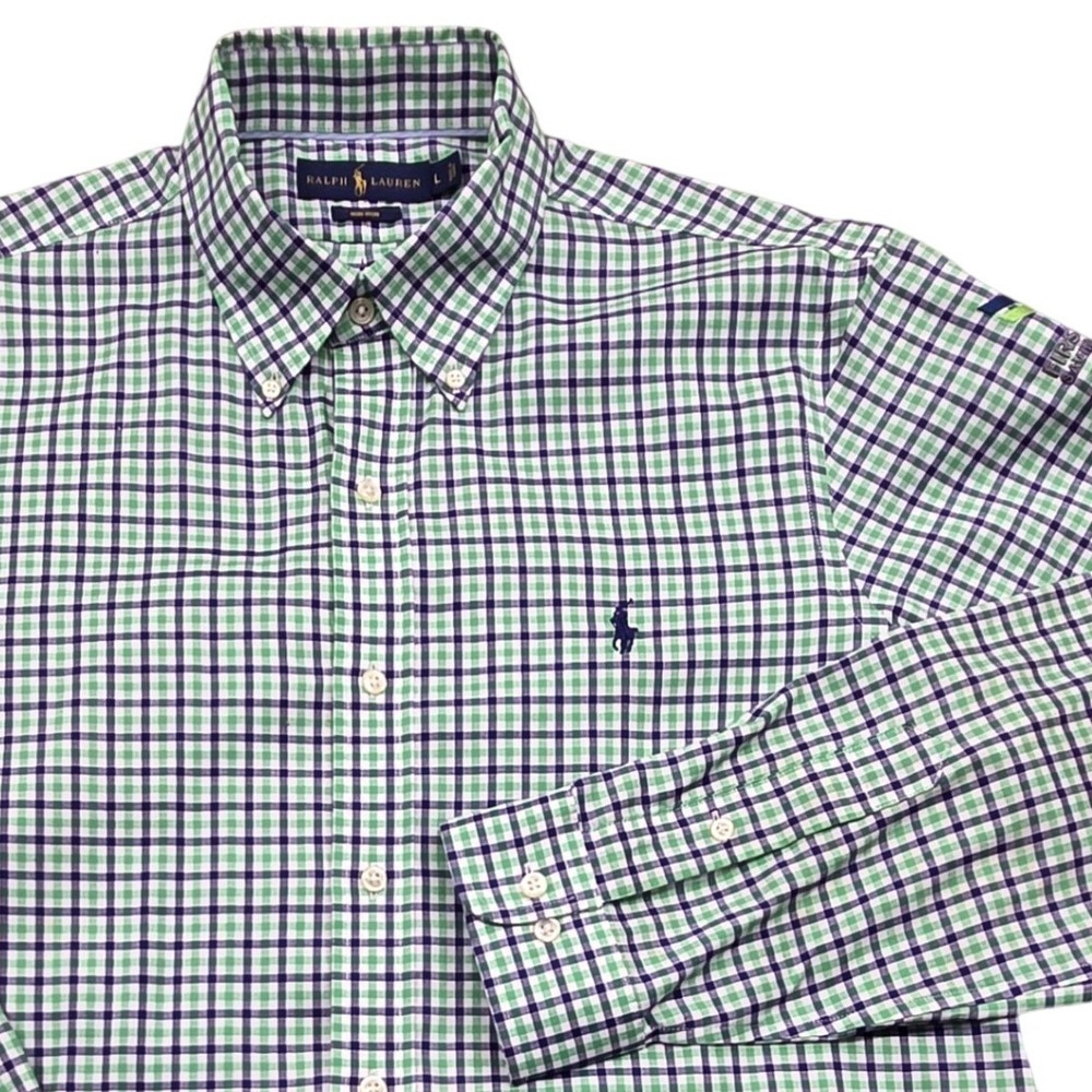 Ralph Lauren Non-Iron Button Down Shirt Green Gingham Check Mens Large *READ